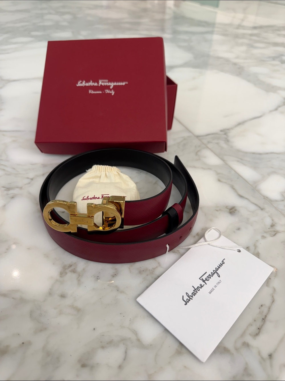 Salvatore Ferragamo Burgundy Leather Belt with Gold Gancini Buckle